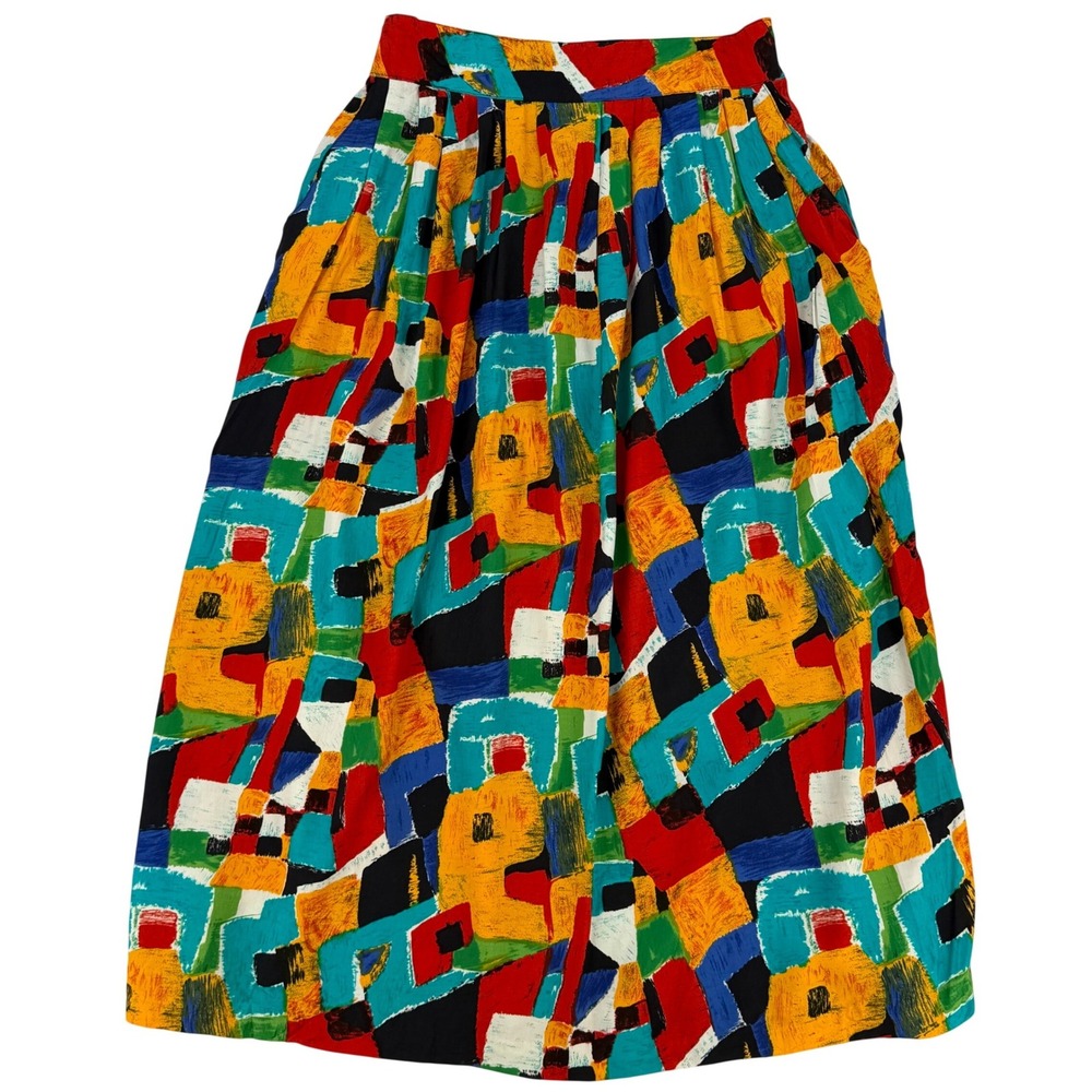 Vintage Abstract Midi Skirt Colorful Retro 90s Art Teacher Boho Festival Skirt M